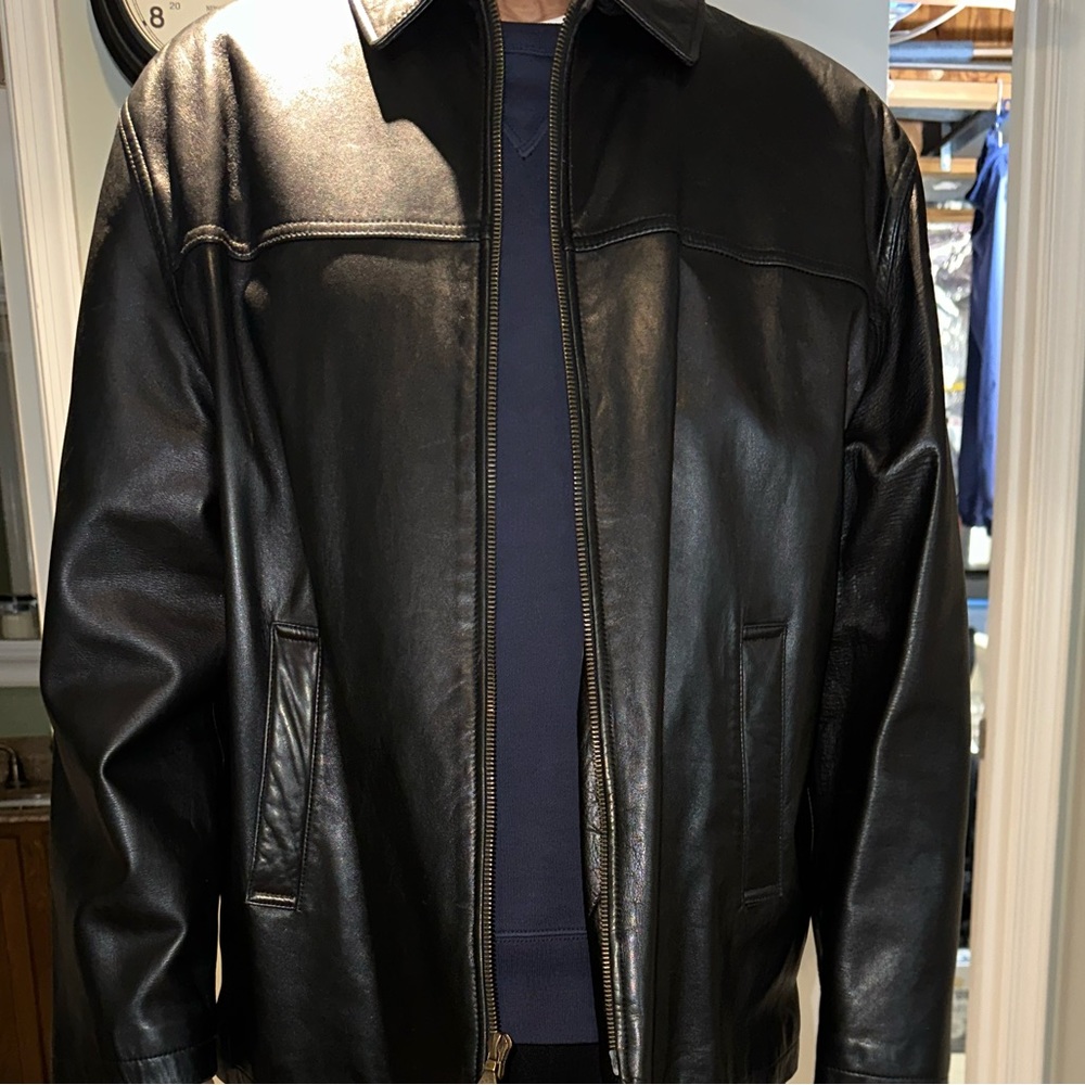 LARGE BLACK ALBERT GOLDBERG FACONNABLE REAL LEATHER JACKET